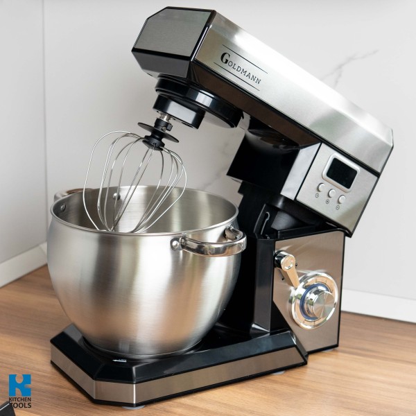 Планетарен миксер, 2200 W, купа от неръждаема стомана 8,5 л, 5 аксесоара, 6 скорости, таймер, GOLDMANN, сив