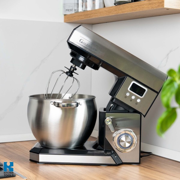 Планетарен миксер, 2200 W, купа от неръждаема стомана 8,5 л, 5 аксесоара, 6 скорости, таймер, GOLDMANN, сив