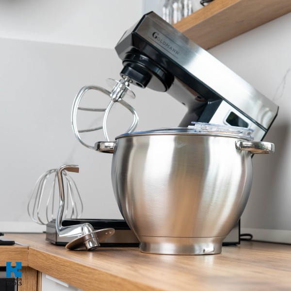 Планетарен миксер, 2200 W, купа от неръждаема стомана 8,5 л, 5 аксесоара, 6 скорости, таймер, GOLDMANN, сив