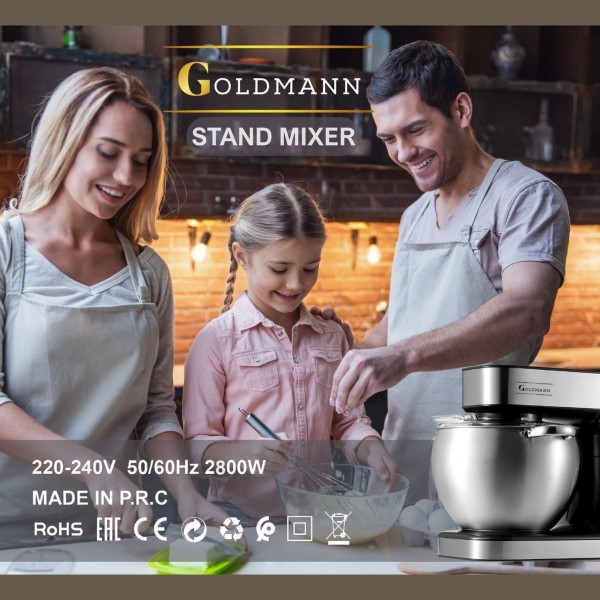 Планетарен миксер, 2800 W, 10 л купа от неръждаема стомана, 5 аксесоара, 6 скорости, таймер/хронометър, GOLDMANN, сив