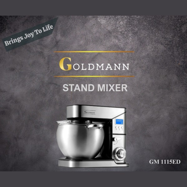 Планетарен миксер, 2800 W, 10 л купа от неръждаема стомана, 5 аксесоара, 6 скорости, таймер/хронометър, GOLDMANN, сив