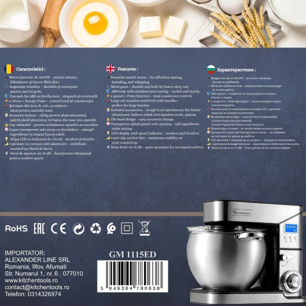 Планетарен миксер, 2800 W, 10 л купа от неръждаема стомана, 5 аксесоара, 6 скорости, таймер/хронометър, GOLDMANN, сив
