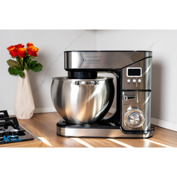 Планетарен миксер, 2800 W, 10 л купа от неръждаема стомана, 5 аксесоара, 6 скорости, таймер/хронометър, GOLDMANN, сив