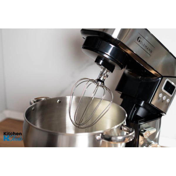 Планетарен миксер, 2800 W, 10 л купа от неръждаема стомана, 5 аксесоара, 6 скорости, таймер/хронометър, GOLDMANN, сив