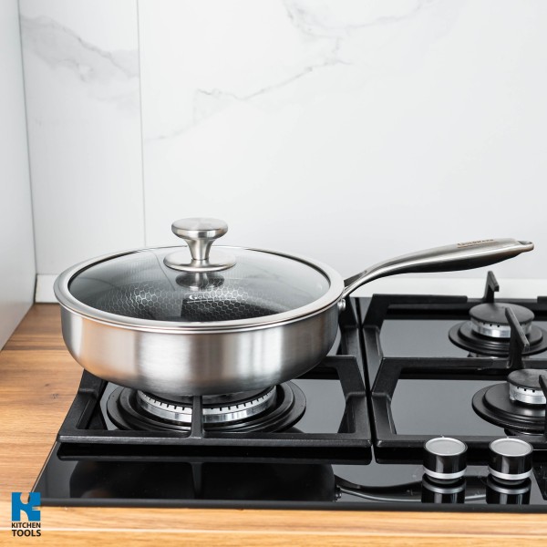 Хибриден дълбок тиган FUSIONHEX PRO, 24x6 см, стъклен капак, незалепващо покритие, неръждаема стомана 18/10, Goldmann