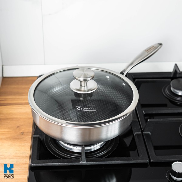 Хибриден дълбок тиган FUSIONHEX PRO, 24x6 см, стъклен капак, незалепващо покритие, неръждаема стомана 18/10, Goldmann