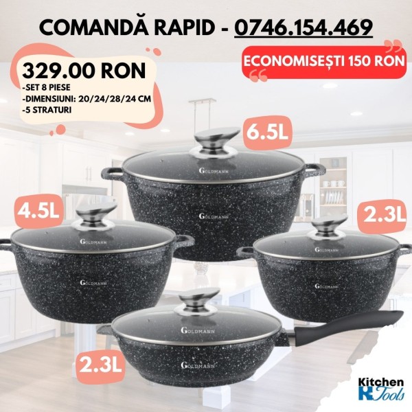 Комплект от 8 тенджери и тиган с гранитно покритие