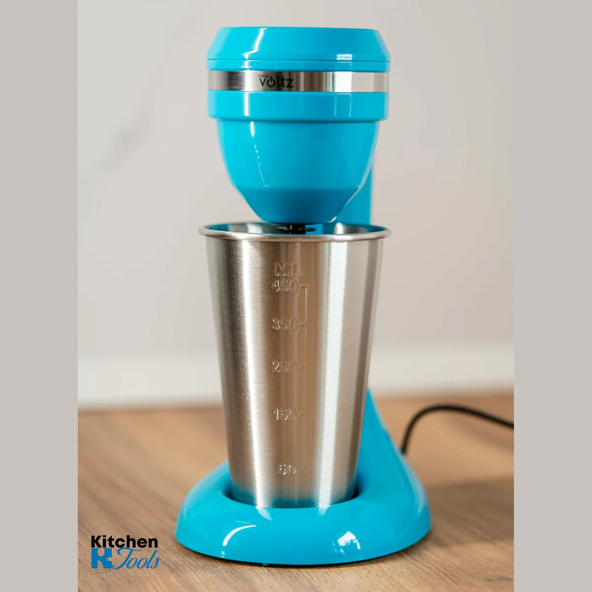 Фрапе миксер Oliver Voltz, 100W, Чаша от неръждаема стомана с капацитет 450 мл, 2 скорости, Стоманена бъркалка, Син