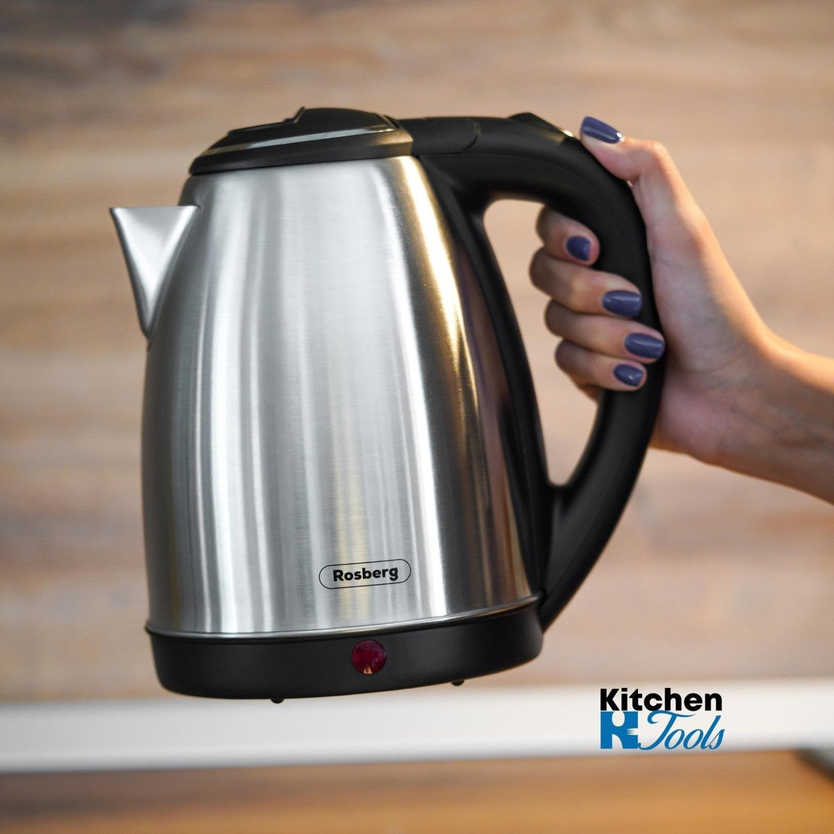Електрическа кана, 1500W, 1L, Rosberg неръждаема стомана, автоматично изключване, херметичен капак, сребриста