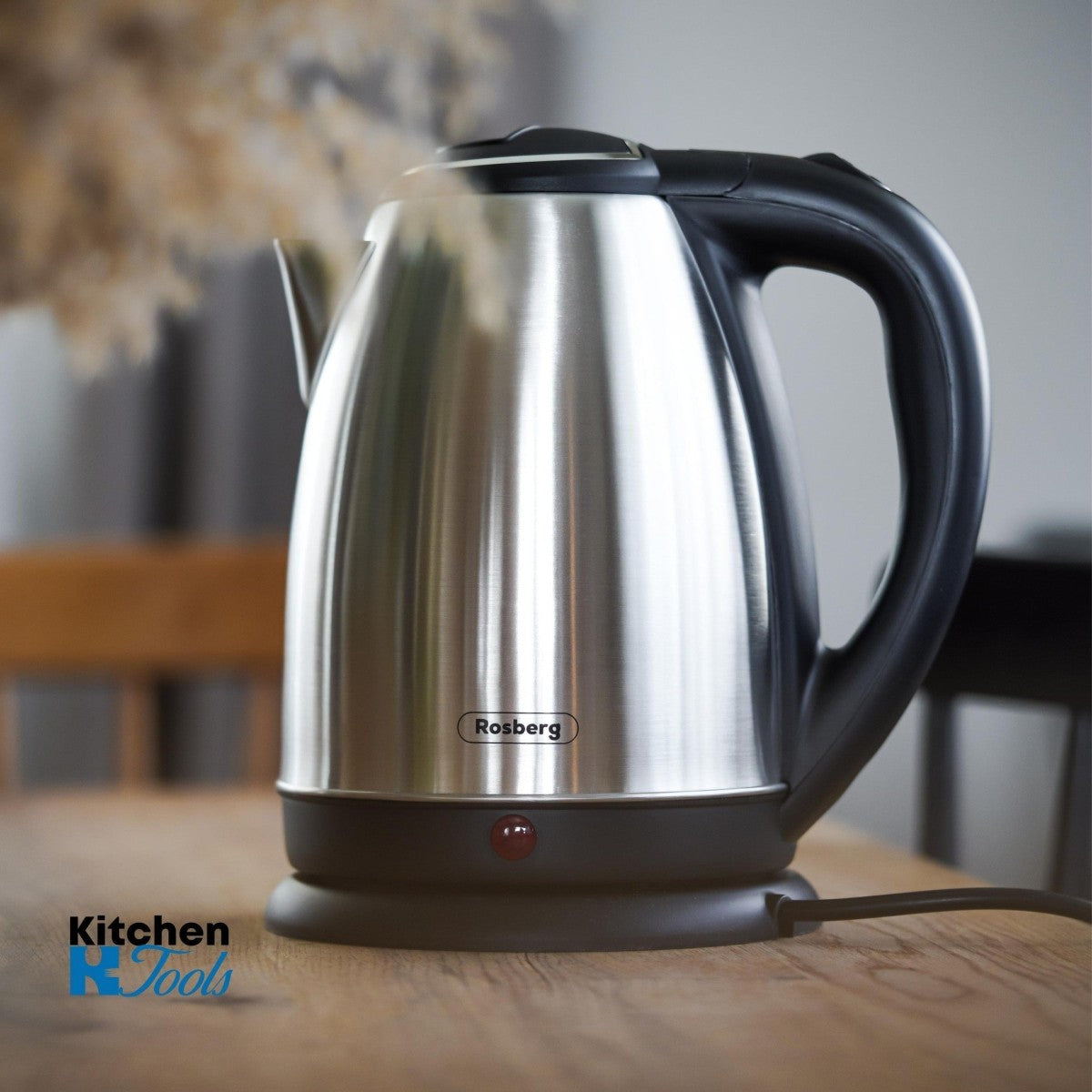 Електрическа кана, 1500W, 1L, Rosberg неръждаема стомана, автоматично изключване, херметичен капак, сребриста