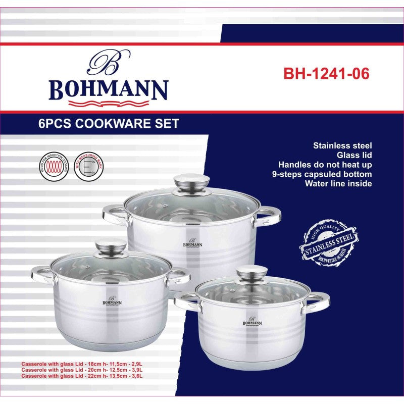 Комплект от 3 тенджери от неръждаема стомана с капак, 2.9л, 3.9л, 5.1л, Bohmann