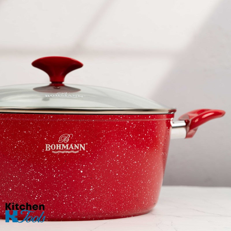 Касерола Bohmann, 4.4 L, червена, мраморно покритие вътре и вън, от кован алуминий, 28x11.5 см, индукция, червен.