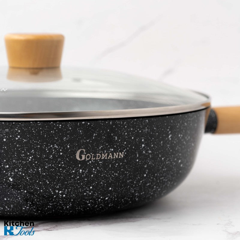 Уок тиган от лят алуминий, 30x8,5 см, Goldmann, термоустойчив капак, керамично покритие, мека дръжка