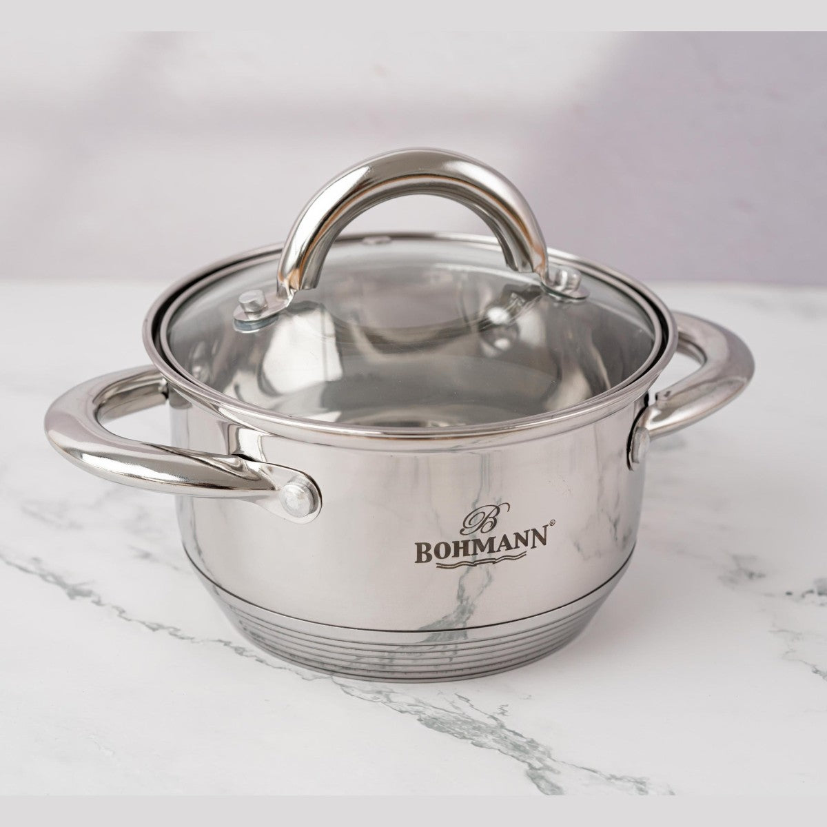 Тенджера от неръждаема стомана 1000ml, 14x10cm Bohmann, стъклен капак, дебелина 5mm, всички източници на топлина,
