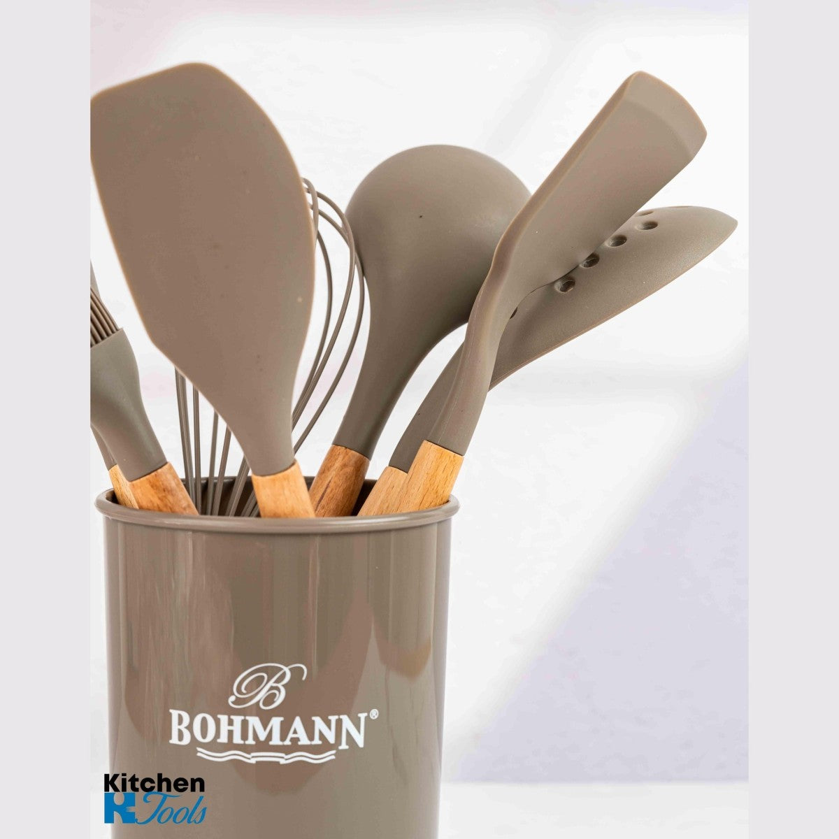 Комплект кухненски прибори Bohmann от 8 части, хранителен силикон, дървена дръжка, сив