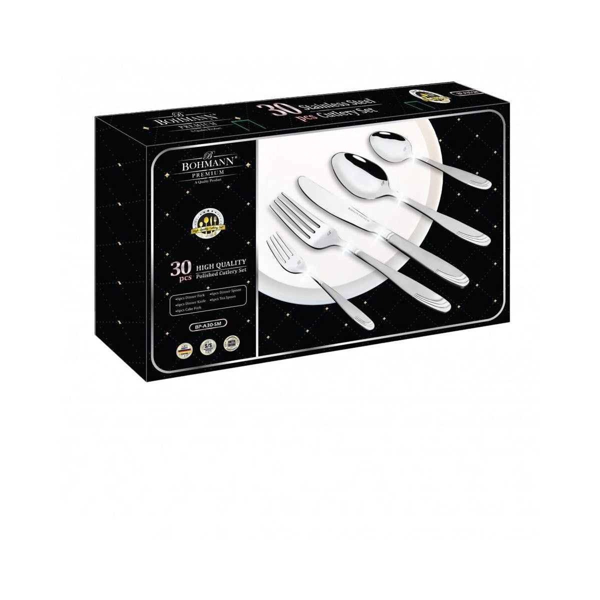 Комплект прибори 30 части Bohmann Premium, Неръждаема стомана, сребро