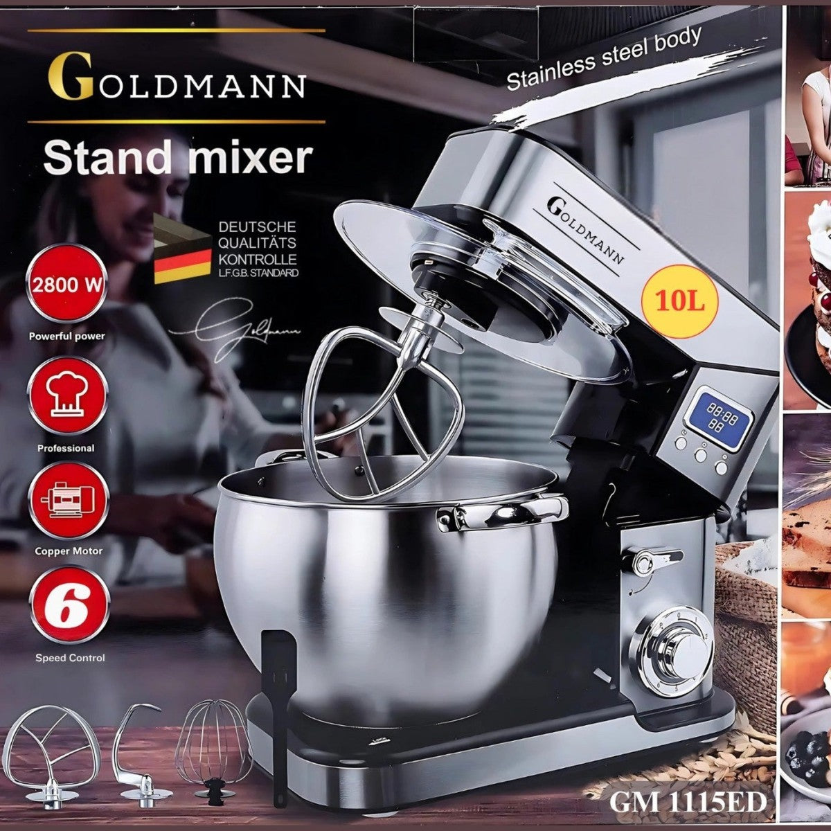 Планетарен миксер, 2800 W, 10 л купа от неръждаема стомана, 5 аксесоара, 6 скорости, таймер/хронометър, GOLDMANN, сив