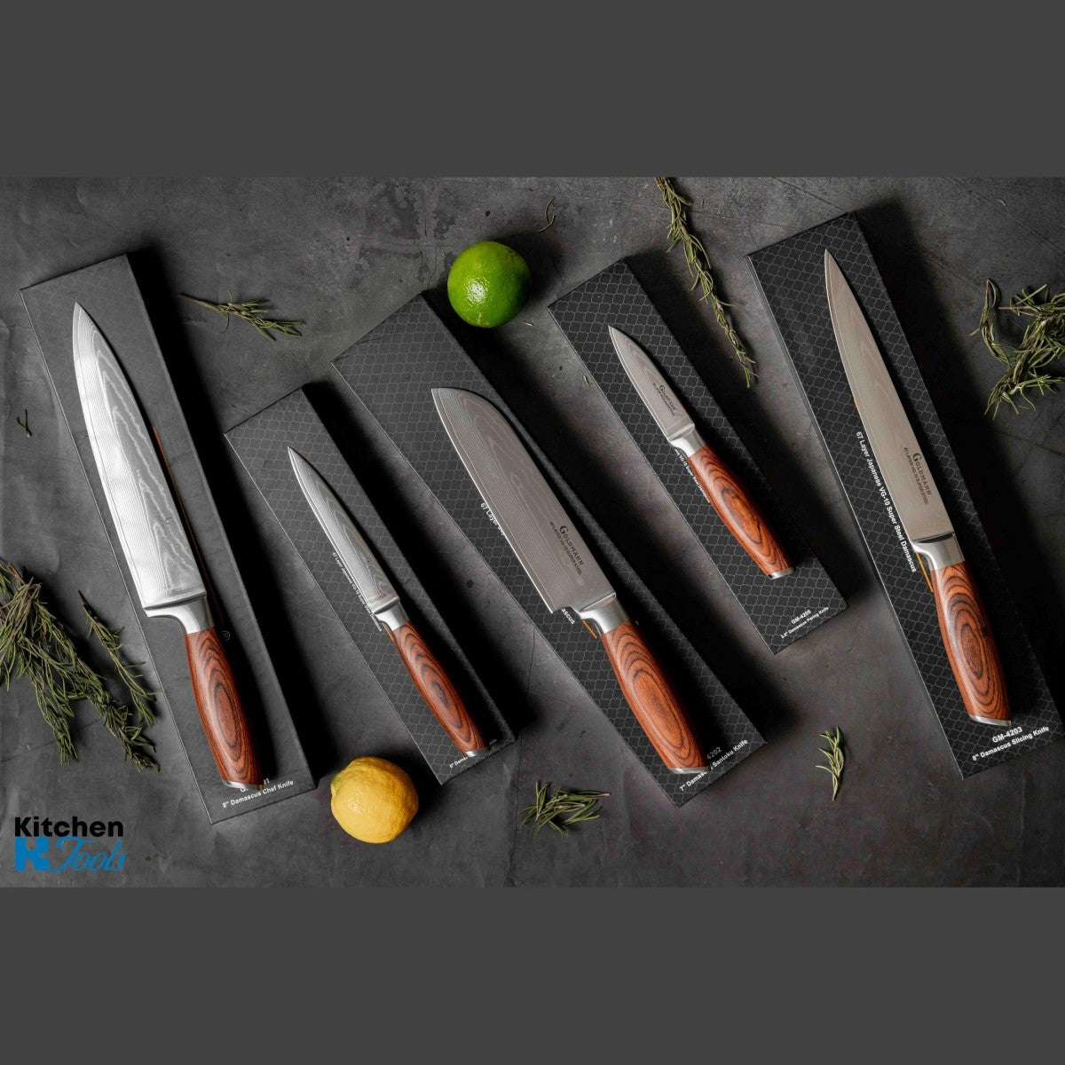 Професионален кухненски нож Santoku – дамаска стомана, 17,8 см, дръжка от орехово дърво