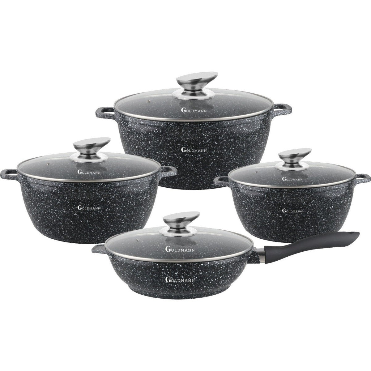 Комплект тенджери от 8 части, 20/24/28 cm, 2.3l 2.3l/4.5l/6.5l, лят алуминий, мраморна външна част, керамична вътрешност