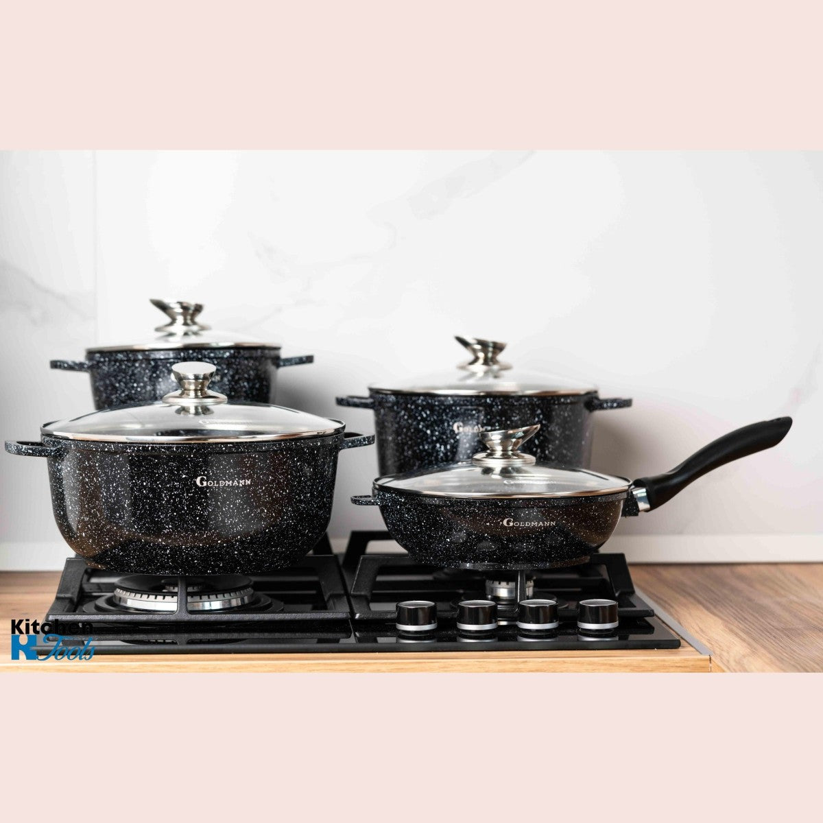 Комплект тенджери от 8 части, 20/24/28 cm, 2.3l 2.3l/4.5l/6.5l, лят алуминий, мраморна външна част, керамична вътрешност