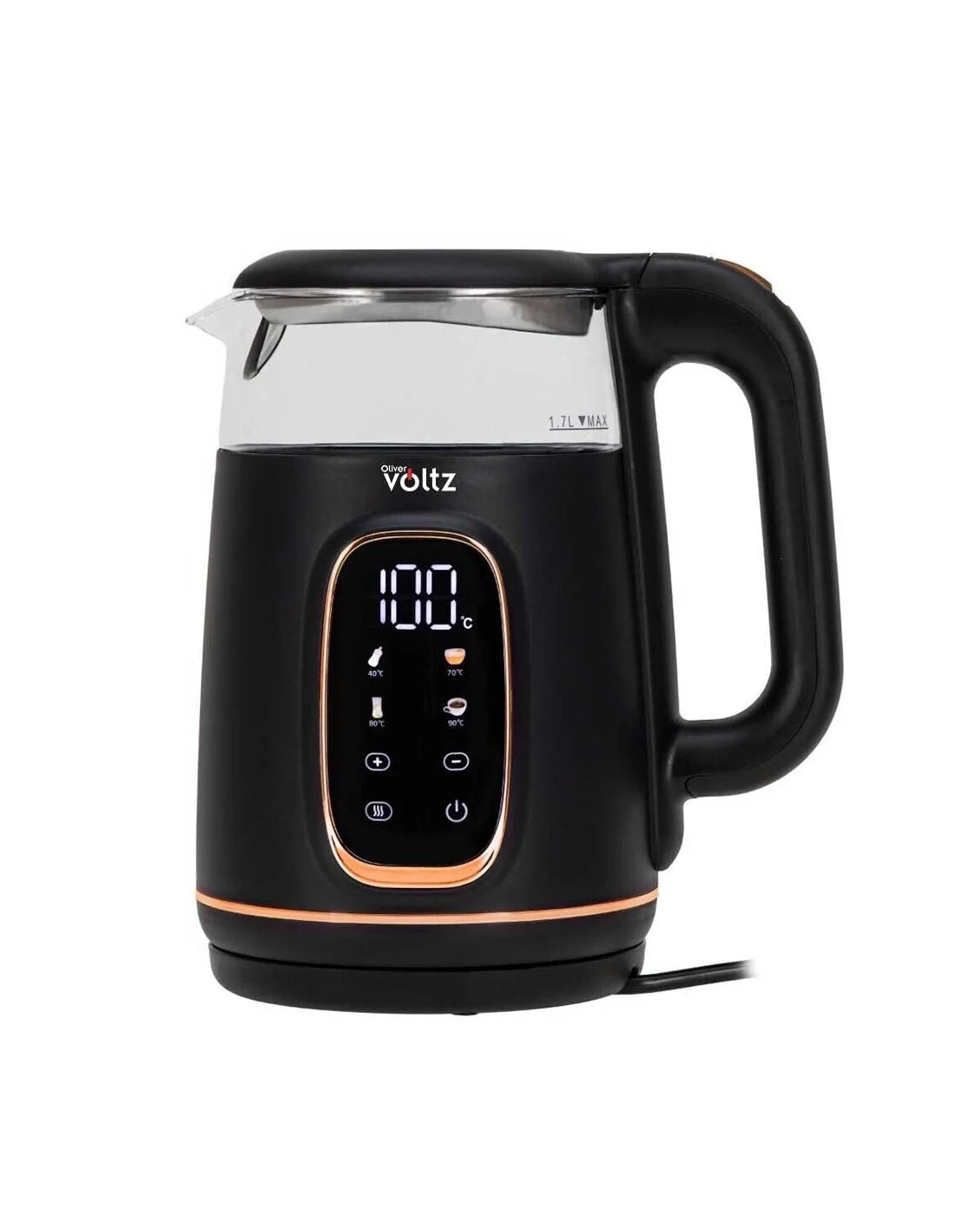 Електрическа кана Oliver Voltz, 2200W, 1.7 л, 4 режима, 13 темп. настройки, LCD дисплей, Сензорен контрол, Черен/Розово злато